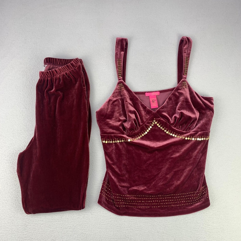 Vintage Thalia Sodi Velvet 2 Piece Babydoll Set Womens Large Burgundy Y2K Lounge